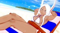 1girls beach beach_chair bikini boku_no_hero_academia breasts bunny_ears bunny_girl dark_skin koikatsu my_hero_academia perfect_idiot rumi_usagiyama smiling