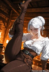 1girl ai_assisted ai_generated artist_name bangs belt black_gloves bookshelf boots braid breasts brown_footwear ciri cleavage collarbone cross-laced_footwear curvaceous curvy curvy_female curvy_figure facial_mark female gloves green_eyes hair_bun high_heel_boots high_heels indoors knee_boots lace-up_boots leg_up legs_up looking_at_viewer medium_breasts miyuai pants scar sitting solo the_witcher_(series) the_witcher_3:_wild_hunt thick thick_ass thick_butt thick_hips thick_legs thick_thighs voluptuous voluptuous_female white_hair white_shirt wide_hips wide_thighs