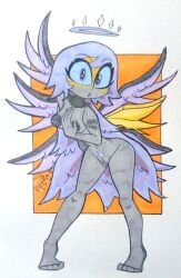 angel angel_wings cute_face embarrassed embarrassed_nude_female emily_(hazbin_hotel) enf hazbin_hotel hellaverse looking_at_viewer nude nude_female pinup posing traditional_art vivienne_medrano vivziepop zarnacius