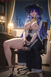 1girl ai_generated bangs black_gloves blue_hair blush breasts breasts_outside closed_eyes female female_only gloves gun half_gloves handcuffs hat hi_res high_heels high_quality high_resolution kiraamane large_breasts long_hair lucilla_(wuthering_waves) masturbation nipples no_bra open_mouth patreon seductive sexy sitting solo spread_legs uncensored watermark wuthering_waves