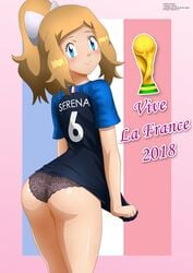 1girls 2018 ass black_panties blonde_hair blue_eyes blush eyelashes female female_only holding human human_only lingerie long_hair looking_at_viewer looking_back nintendo panties pink_background pokemon pokemon_xy ponytail ribbon see-through serena_(pokemon) shirt shirt_pull solo standing text watermark world_cup zel-sama