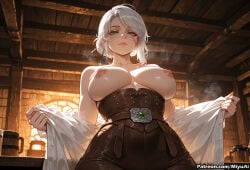 1girl ai_assisted ai_generated bangs bare_shoulders belt bookshelf breasts breasts_apart ciri closed_mouth curvaceous curvy curvy_female curvy_figure female green_eyes holding holding_towel indoors large_breasts lips looking_at_viewer miyuai nipples solo the_witcher_(series) the_witcher_3:_wild_hunt thick thick_ass thick_butt thick_hips thick_legs thick_thighs towel underbust undressing voluptuous voluptuous_female wet white_hair wide_hips wide_thighs