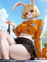 1girl ahoge ai_generated animal_ears arlequin097 black_panties black_skirt blonde_hair blue_sky blush bow bowtie breasts brown_eyes carrot carrot_(one_piece) closed_mouth cloud cloudy_sky crop_top cropped_shirt crossed_legs day furry furry_female holding holding_clothes holding_panties holding_underwear jacket large_breasts long_sleeves looking_at_viewer midriff miniskirt navel one_piece orange_bow orange_bowtie orange_jacket outdoors panties pleated_skirt rabbit_ears rabbit_girl rabbit_tail shirt short_hair sitting skirt sky smile solo tail thighs underwear unworn_panties