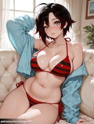 1girl ahoge ai_generated arlequin097 arm_behind_head arm_support arm_up bare_shoulders bikini black_hair blue_jacket blush breasts cleavage closed_mouth collarbone couch curtains gradient_hair grey_eyes halterneck indoors jacket large_breasts long_sleeves looking_at_viewer multicolored_hair navel off_shoulder on_couch open_clothes open_jacket patreon_username red_bikini red_hair ruby_rose rwby short_hair side-tie_bikini_bottom sitting solo stomach string_bikini striped_bikini striped_clothes swimsuit thighs two-tone_hair window