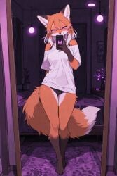 1girl ai_generated alone anthro big_shirt black_panties bra bra_strap clothed female fox furry furry_female miragetheone mirror mirror_selfie no_pants off_shoulder panties red_fox seductive seductive_look seductive_smile selfie shirt solo solo_focus tease teasing