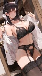 ai_generated atago_(azur_lane) azur_lane bangs big big_breasts black_bra black_hair black_panties changing_room confident dog_ears dog_girl garter_belt garter_straps hair_ornament highres large_breasts lingerie long_hair looking_at_viewer navel open_clothes panties pubes pubes_exposed pubic_hair pubic_hair_peek ribbon slim_waist smile soft_lighting uniform white_ribbon white_uniform yellow_eyes