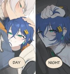 1boy 1girl belle_(zenless_zone_zero) incest sex short_hair siblings split_screen wise_(zenless_zone_zero) zenless_zone_zero