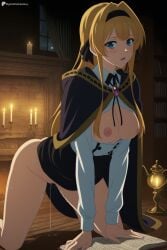 1girl ai_generated all_fours black_skirt blonde_hair blue_eyes blush book breasts breasts_out candle cape digitalwaifugallery hairband hi_res high_quality high_resolution indoors large_breasts lihanna_owenzaus long_hair long_sleeves looking_at_viewer nipples no_panties open_clothes open_mouth open_shirt patreon pussy_juice seductive sexy shirt skirt solo uncensored watermark white_shirt wooden_floor