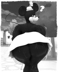 1girls 3d 3d_(artwork) ass big_ass big_breasts black_body black_fur boobs disney female female_only looking_back minnie_mouse monochrome mouse mtoon pov question_mark rabbit5gamer rubberhose sweat vintage walking