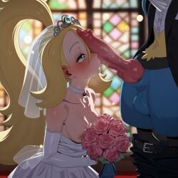 1boy 1girls ai_generated blonde_hair blue_eyes blush bouquet breasts breasts_out bride cock_worship dadfox heart-shaped_pupils kneeling korrina_(pokemon) lucario male_lucario penis_on_face pokemon pokemon_xy pokephilia tiara wedding wedding_dress