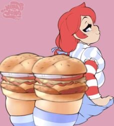 1girls animated blue_eyes burger creamygravy female female_only food holding holding_food holding_object mascot panties presenting red_hair solo striped_panties tied_hair twintails wendy's wendy_thomas