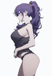 1girl 1girls ai_generated ass blush character_request copyright_request highres large_breasts panties psfx pulling_shirt simple_background white_background