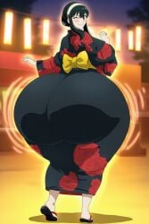ai_generated ass_bigger_than_head ass_jiggle big_ass big_butt goldencum34 huge_ass huge_butt kimono looking_at_viewer size_difference spy_x_family thick_thighs wide_hips winking_at_viewer yor_briar yor_forger