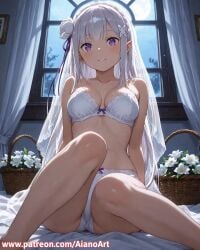 1girl ai_generated aianoart arms_behind_back bangs bare_legs bare_shoulders basket bed_sheet blunt_bangs blush bow bra braid breasts cleavage collarbone crown_braid curtains elf emilia_(re:zero) feet_out_of_frame flower full_moon hair_flower hair_ornament hair_ribbon indoors lingerie long_hair looking_at_viewer medium_breasts moon navel night on_bed panties parted_lips pointy_ears purple_eyes purple_ribbon re:zero_kara_hajimeru_isekai_seikatsu ribbon sidelocks sitting smile solo stomach thighs underwear underwear_only veil white_bra white_flower white_hair white_panties white_rose window x_hair_ornament