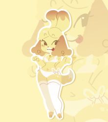 1girls :3 :p animal_ears animal_feet animal_nose anthro barefoot bell black_eyes blonde_hair blush blush_stickers body_fur bow_bra bow_panties bra breasts brown_eyes brown_hair cleavage clothing clothing_cutout dog_ears dog_girl dog_tail doubutsu_no_mori female full_body furry furry_female hair_tie hands_on_own_hips hands_up happy isabelle_(animal_crossing) jingle_bell legs_together looking_to_the_side medium_breasts navel open_mouth panties shizue_(doubutsu_no_mori) shizuearts short_hair side-tie_panties simple_background small_breasts smile solo standing stomach tail thighhighs thighs toeless_legwear tongue tongue_out topknot two-tone_fur two-tone_hair underwear underwear_only white_bra white_outline white_panties white_thighhighs wide_hips yellow_background yellow_fur yellow_theme zoom_layer