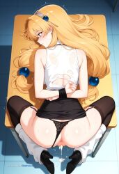 1girl after_rape aged_up ai_assisted ai_generated anime_coloring anime_screencap ass bent_knees black_suit blonde_hair blue_eyes crying detailed empty_eyes hair_ornament hands_tied_behind_back high_heels jewelry laying_on_back laying_on_desk leg_warmers legs_spread male_pov no_jacket office_background panties_pulled_aside pencil_skirt running_makeup sleeveless_shirt stockings tears_in_eyes tight_asshole tri_tails wet_pussy white_shirt