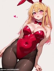 1girl ai_generated animal_ears arlequin097 ass_visible_through_thighs bare_shoulders black_pantyhose blonde_hair blush bow bowtie breasts brown_pantyhose cleavage covered_navel cowboy_shot detached_collar fake_animal_ears heart highleg highleg_leotard hoshino_ruby large_breasts leotard long_hair looking_at_viewer mismatched_pupils one_side_up oshi_no_ko pantyhose parted_lips patreon_username pink_eyes playboy_bunny rabbit_ears red_bow red_bowtie red_eyes red_leotard side-tie_leotard simple_background solo star-shaped_pupils star_(symbol) star_in_eye strapless strapless_leotard symbol-shaped_pupils symbol_in_eye thigh_gap veins veiny_breasts