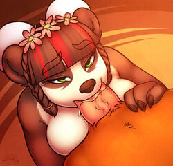 2013 anthro bear braided_hair breasts claws duo erection eyelashes fellatio female first_person_view flower green_eyes hair half-closed_eyes hi_res hime_cut humanoid_penis looking_at_viewer looking_up male mammal multicolored_hair oral oral_penetration panda pandaren pandaren_female penetration penis plant saliva sex sheela straight two_tone_hair vein video_games warcraft world_of_warcraft