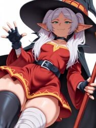 1girls ai_generated belt black_cape breasts cape choker earrings elf elf_ears elf_female elf_girl female frieren frieren_beyond_journey's_end gloves green_eyes hair ironart ironart158 kono_subarashii_sekai_ni_shukufuku_wo! light-skinned_female light_skin long_hair megumin megumin_(cosplay) red_earrings simple_background small_breasts sousou_no_frieren staff thick_thighs thighhighs thighs white_background white_hair witch witch_costume witch_hat
