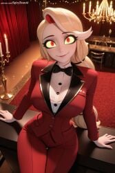 1girl ai_generated blonde_hair bow bowtie breasts charlie_morningstar_(hazbin_hotel) hazbin_hotel hi_res high_quality high_resolution indoors large_breasts long_hair looking_at_viewer pants patreon patreon_username seductive sexy smile solo spicytoonai uncensored watermark yellow_eyes