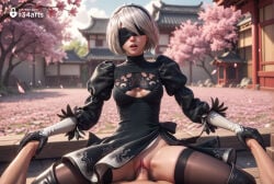 1boy 1boy1girl 1girls 2b_(nier:automata) ai_generated artist_name black_blindfold black_dress black_gloves black_hairband black_thighhighs blindfold boots breasts cherry_blossoms cleavage_cutout clothed_sex clothing_cutout covered_eyes cowgirl_position dress east_asian_architecture feather-trimmed_sleeves female girl_on_top gloves hairband hetero hi_res holding_hands leotard medium_breasts mole mole_under_mouth nier:_automata nier_(series) nier_replicant nose nude outdoors parted_lips penis petals pov pussy r34arts sex short_hair straddling thigh_boots thighhighs thighhighs_under_boots uncensored vaginal vaginal_penetration vaginal_sex white_hair yorha_2b