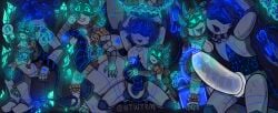 blue_cum blue_eyes blue_penis blush cock_milking large_penis larger_male male/female murder_drones robot size_difference smaller_female tentacle_penis wywyrm