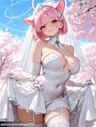 1girl ai_generated alternate_costume animal_ears arlequin097 armpit_crease bare_shoulders blue_archive blue_gemstone blue_sky blush bob_cut branch breasts bridal_veil bride cat_ears cherry_blossoms cleavage closed_mouth clothes_lift covered_navel cowboy_shot day detached_collar dress dress_lift elbow_gloves extra_ears falling_petals flower garter_straps gem gloves hair_flower hair_ornament halo kazusa_(blue_archive) large_breasts lifted_by_self lips looking_at_viewer outdoors petals pink_eyes pink_gemstone pink_hair pink_halo pink_lips short_hair skindentation skirt_hold sky smile solo strapless strapless_dress thighhighs thighs tiara tree veil wedding_dress white_collar white_dress white_flower white_garter_straps white_gloves white_thighhighs white_veil zettai_ryouiki