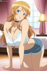 1girl :o aged_up ai_generated all_fours aqua_eyes bed bedroom black_choker blue_shorts blush breasts choker cleavage collarbone curtains denim denim_shorts digitalwaifugallery earrings frills hair_ornament hairclip hi_res high_quality high_resolution hoop_earrings indoors jewelry kousaka_kirino lamp large_breasts long_hair looking_at_viewer midriff navel on_bed open_mouth orange_hair ore_no_imouto_ga_konna_ni_kawaii_wake_ga_nai patreon seductive sexy short_shorts shorts solo twitter_username uncensored watermark window