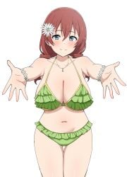1girl aqua_eyes bare_arms bikini blush breasts brown_hair cleavage closed_mouth collarbone commentary_request drill_hair emma_verde flower freckles frilled_bikini frills goa1126 green_bikini hair_between_eyes hair_flower hair_ornament highres jewelry large_breasts long_hair love_live! love_live!_nijigasaki_high_school_idol_club navel necklace outstretched_arms smile solo standing swimsuit thighs twin_drills white_flower