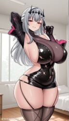 1girl ai_generated arm_up bangs black_dress black_gloves black_thighhighs blush breasts cleavage covered_navel curvy detached_sleeves dress garter_straps gloves goddess_of_victory:_nikke grey_hair hair_ornament huge_breasts indoors long_hair long_sleeves looking_at_viewer modernia_(nikke) modernia_(second_affection)_(nikke) nikke parted_lips red_eyes short_dress sideboob skindentation smile solo thick_thighs thighhighs thighs tiara