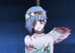 angel angel_wings bags_under_eyes bandaged_head bandages blood blood_on_face blood_stain blu-rayko blue_hair eye_patch female female_only gintama guro hanged horror nipple_slip noose pale-skinned_female pale_skin short_hair shounen_jump smile solo upper_body wings