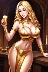 1female ai_generated alcohol arabian arabian_clothes aryan aryan_(species) bar bartender beer bell bell_collar big_breasts blonde_hair busty cleavage collar curvy drink drinking drinks drunk elf elf_ears elf_female enslaved_royal fantasy female_only gold_(metal) gold_jewelry harem_outfit huge_breasts large_breasts light-skinned_female light_skin medieval nintendo perfect_body princess_zelda servant sex_slave slave slave_collar tavern the_legend_of_zelda voluptuous waitress