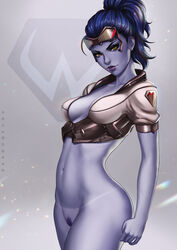 absurdres alternate_costume alternate_hairstyle artist_name ass big_ass blizzard_entertainment blue_skin bottomless breasts cowboy_shot crop_top curvy dandon_fuga eyelashes eyewear female female_only female_pubic_hair goggles goggles_on_head high_ponytail highres human lipstick looking_at_viewer medium_breasts navel overwatch overwatch_2 overwatch_archives ponytail posing pubic_hair purple_hair purple_lipstick solo talon_widowmaker tanline toned widowmaker yellow_eyes