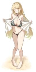 1girls big_breasts bikini black_bikini blonde_hair cleavage core_crystal_(xenoblade) criss-cross_halter full_body grin halterneck high_res holding holding_towel long_hair looking_at_viewer mythra navel okazu2010015 simple_background smile swept_bangs swimsuit towel xenoblade_(series) xenoblade_chronicles_2 yellow_eyes