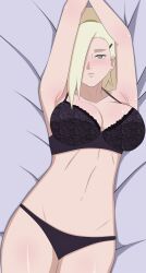 agung911 alternate_version_at_source armpits arms_behind_head arms_up bed black_lingerie blonde_hair blue_eyes blush boruto:_naruto_next_generations breasts cleavage clothing cowboy_shot cropped female female_only hair_over_one_eye high_ponytail high_resolution ino_yamanaka large_breasts light_blush lingerie long_hair looking_at_viewer lying lying_on_bed milf naruto naruto_(series) no_watermark on_bed one_eye_covered paid_reward patreon_reward platinum_blonde_hair ponytail presenting_armpit seductive_look smaller_version_at_source smooth_armpits solo third-party_edit tied_hair very_high_resolution very_long_hair