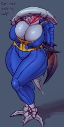 big_breasts cleavage clothed clothed_female clothing dialogue drasai english_text fallout female huge_breasts mirelurk monster monster_girl saidra solo solo_female thick_thighs vault_suit wide_hips