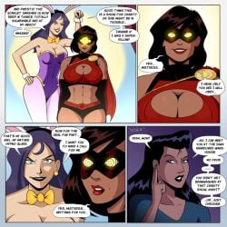 2girls blue_lipstick blueshift_(polmanning) bunnysuit dark-skinned_female domino_mask hypnosis light-skinned_female lipstick mask masked_female milf mind_control mother_and_daughter multiple_girls oc polmanning pov red_lipstick scarlet_smasher stacked superheroine tagme text