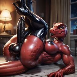 ai_generated anus balls black_anus breasts futa_only futanari latex lipstick muscular on_back penis reptile reptile_humanoid scalie thighhighs