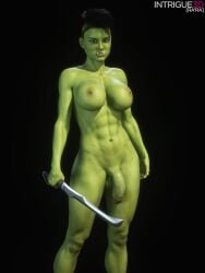 1futa 3d abs big_breasts breasts futanari green_skin intrigue3d knife muscular muscular_futanari nipples nude orc orc_futanari penis solo