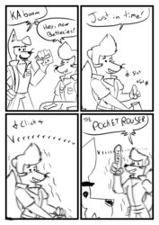 4_panel_comic anthro batteries battery buddy_thunderstruck buddy_thunderstruck_(series) canine comic darnell_(buddy_thunderstruck) dildo ferret foxzombiej furry highres male mammal mustelid onamonapia sex_toy text text_bubble vibrator yaoi