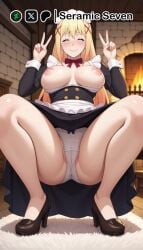 1girls 2d ai_generated big_breasts blonde_hair closed_eyes darkness_(konosuba) double_v double_v_sign female female_focus female_only high_heels kono_subarashii_sekai_ni_shukufuku_wo! large_breasts light-skinned_female long_hair maid maid_apron maid_headdress maid_outfit maid_uniform panties presenting seramic_seven smile solo solo_female solo_focus squatting thick thick_legs thick_thighs upskirt v_sign white_panties x_hair_ornament