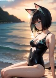 1girls 2d ai_generated ass ass athletic athletic_female bare_shoulders beach belly black_hair cat_ears cat_girl cat_tail chest cleavage curvy curvy_figure cute cute_face detailed eyelashes eyeshadow female female_only fit fit_female focus green_eyes high_quality hips isekai_shikkaku legs light-skinned_female light_skin lips lipstick looking_at_viewer makeup mascara medium_breats medium_hair midriff navel nero100 one-piece_swimsuit outdoors pale-skinned_female pale_skin perky_breasts petite_ petite_body posing seductive seductive_look short_hair skinny skinny_girl slim stable_diffusion swimsuit swimwear tagme tama_(isekai_shikkaku) teenager thighs thin_waist