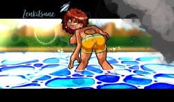 angry_face ass_focus breasts breasts_out cameltoe frizzy_hair mario_(series) mario_kart_world nintendo princess_daisy princess_daisy_(swimwear) pussy water wet wet_body zenkitsune_(artist)