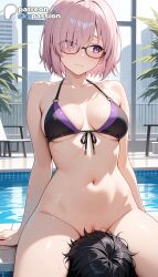 1girls 2026 ai_assisted ai_generated anime artist_name beach bikini breasts bust explicit fate/grand_order fate_(series) glasses hi_res high_quality high_resolution highres leaf lounge_chair mash_kyrielight navel patreon patreon_username pool poolside purple_eyes short_hair skypassion stable_diffusion swimsuit tanzaku water watermark