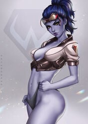 absurdres alternate_costume alternate_hairstyle artist_name ass big_ass blizzard_entertainment blue_skin breasts clothed cowboy_shot crop_top curvy dandon_fuga eyelashes eyewear female female_only goggles goggles_on_head high_ponytail highres human lipstick looking_at_viewer medium_breasts navel no_pants overwatch overwatch_2 overwatch_archives panties panty_tug pinup ponytail posing purple_hair purple_lipstick solo talon_widowmaker toned underwear widowmaker yellow_eyes