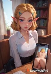 1boy 1girls ai_generated at_desk blush close_up cowgirl cowgirl_position desk eye_contact female female_focus holding holding_object holding_phone looking_at_viewer medium_breasts nintendo nude_photo office office_lady phone phone_screen photo picture pov princess_zelda riding riding_penis sarahvividart seductive seductive_eyes seductive_look shiny_skin sitting the_legend_of_zelda vaginal_penetration vaginal_sex zelda_(breath_of_the_wild) zelda_(tears_of_the_kingdom)