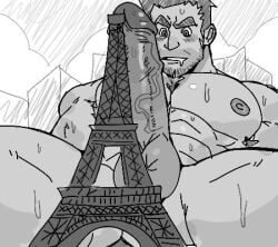 balls bara blush boner crawdunk64 eiffel_tower erection macro male male_only monochrome muscles muscular nude penis solo solo_male sweat sweating