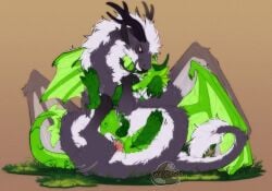 anal anal_sex animal_genitalia antlers anus attor black_antlers black_body black_fur black_horn claws cocodrops_(artist) dragon duo eastern_dragon erection facial_horn feral fur furred_dragon furred_scalie genital_slit genitals grass green_anus green_body green_claws green_horn green_knot green_nose_horn green_penis green_scales grey_body grey_fur horn knot male male/male mane mythological_creature mythological_scalie mythology nose_horn penetration penis peppermint_(talvi_is_here) plant scales scalie white_body white_fur white_mane