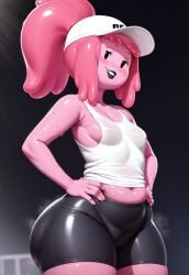 1girls adventure_time ai_generated alternate_costume alternate_hairstyle belly big_ass black_lipstick black_shorts blush blushing_at_viewer blushing_female bottom_heavy clothed clothed_female colored_skin female female_focus female_only gym gym_clothes gym_shorts gym_uniform hat lipstick midriff navel pink_body pink_hair pink_skin plump plump_thighs princess princess_bubblegum repartz shorts slightly_chubby slightly_chubby_female small_breasts solo solo_female solo_focus spandex thick_thighs wide_hips