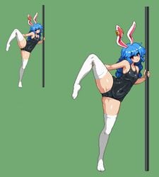 2d blue_hair bunny_ears cameltoe pixel_art pole pole_dancing rabbit_ears red_eyes seiran_(touhou) small_breasts stripper swimsuit takorin touhou